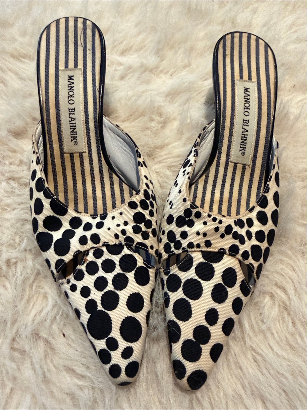 Manolo Blahnik Black and White Polka Dot Pointed Slip-On Mule